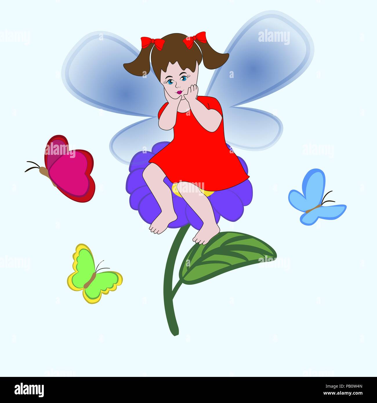 Little cute fairy girl sitting on a flower among the colorful ...