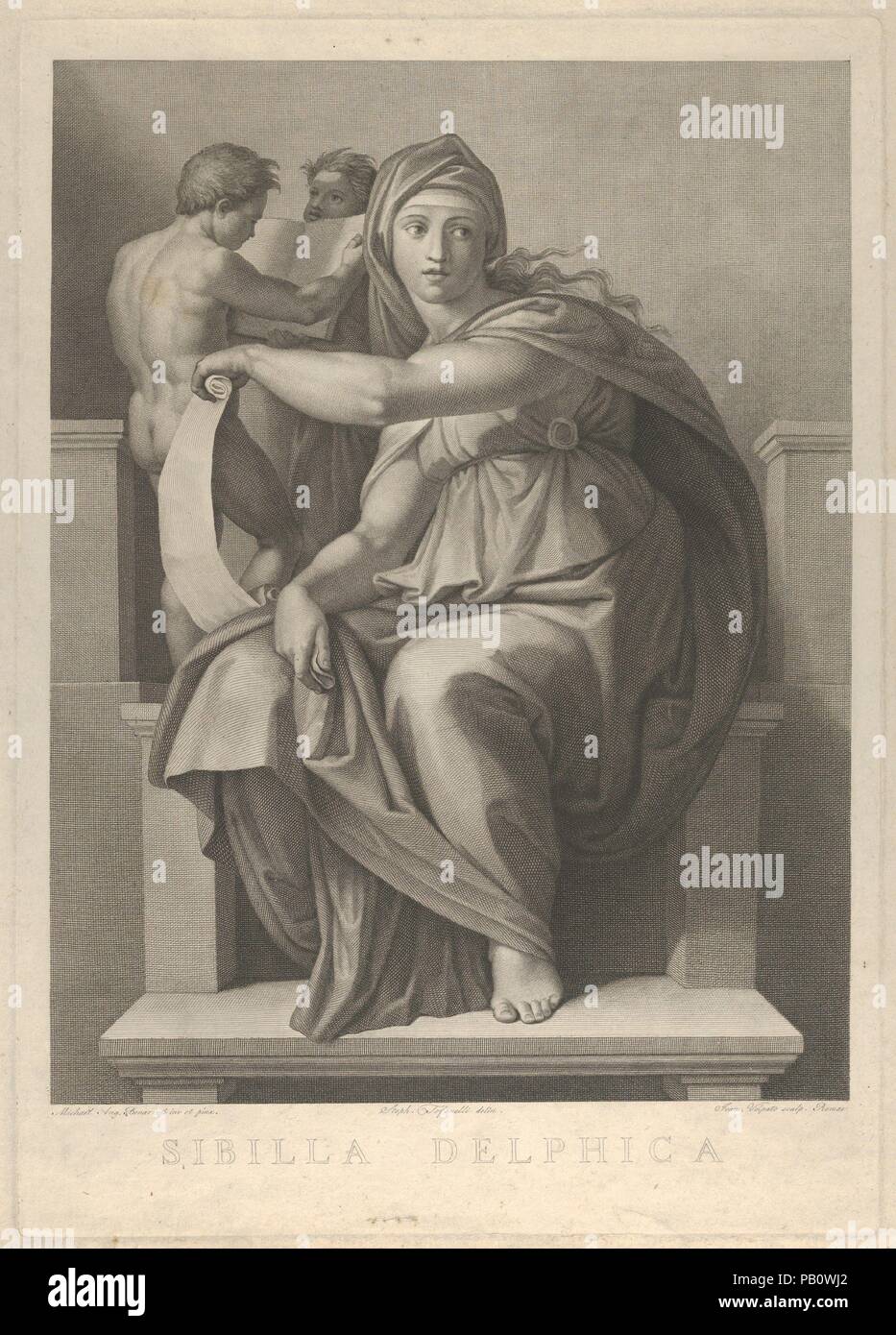 The Delphic Sibyl after the fresco by Michelangelo in the Sistine Chapel. Artist: After Michelangelo Buonarroti (Italian, Caprese 1475-1564 Rome); Giovanni Volpato (Italian, Bassano 1732-1803 Rome); Intermediary draughtsman Stephano Tofanelli (Italian, 1752-1812). Dimensions: Sheet: 21 7/8 in. × 16 in. (55.5 × 40.6 cm)  Plate: 21 3/16 × 14 15/16 in. (53.8 × 38 cm). Date: 1784-90. Museum: Metropolitan Museum of Art, New York, USA. Stock Photo