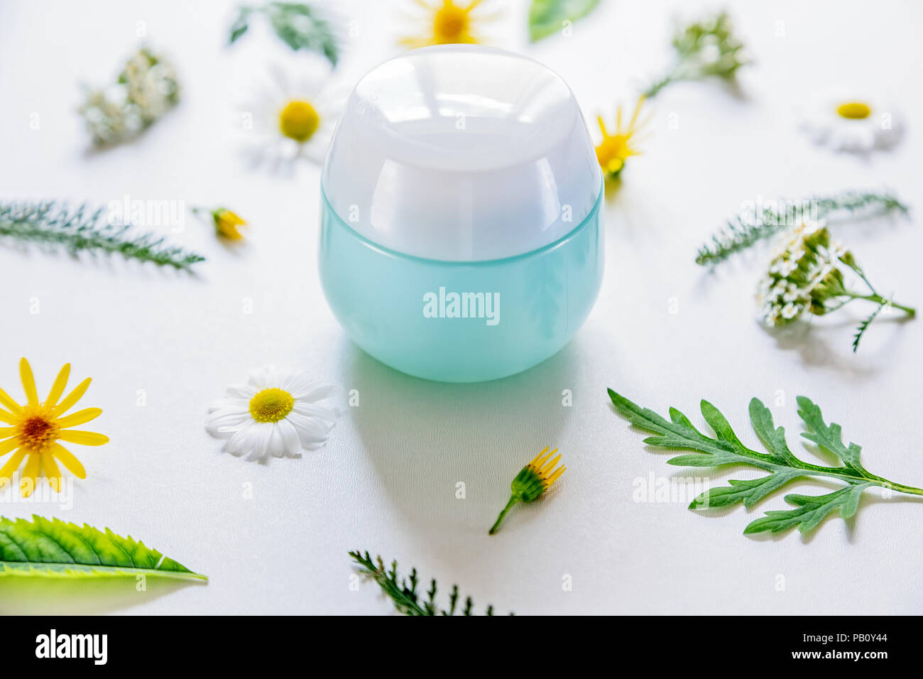 container with cosmetic on white background with field flowers and leaves. The concept of summer and idea for advertisement of cream. Flatlay. Stock Photo