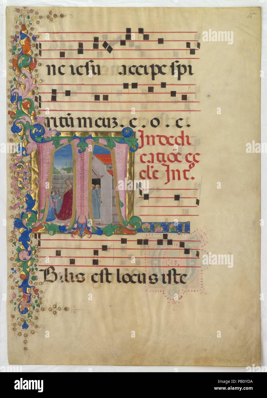Manuscript Leaf with the Dedication of a Church in an Initial T, from a Gradual. Artist: Mariano del Buono (Italian, 1433-1504). Culture: Italian. Dimensions: Overall: 28 3/16 x 20 in. (71.6 x 50.8 cm)  Illumination: 8 1/8 x 8 1/8 in. (20.7 x 20.7 cm)  Stave Ht: 2 1/16 in. (5.3 cm)  Stave interspace: 1 15/16 in. (5 cm)  Mat size: 34 3/16 x 27 3/16 in. (86.9 x 69.1 cm). Date: second half 15th century.  A prolific artist, Mariano del Buono's commissions include sacred books for both Christian and Jewish use. His painting on this large parchment leaf depicts the arrival of a pope at a church, and Stock Photo