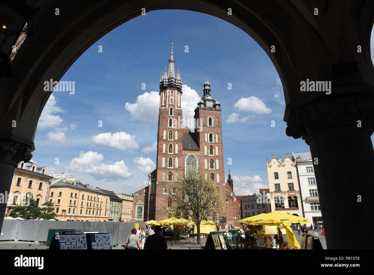 Krakow Poland St. Mary's Basilica in Market Square, Krakow Stock Photo