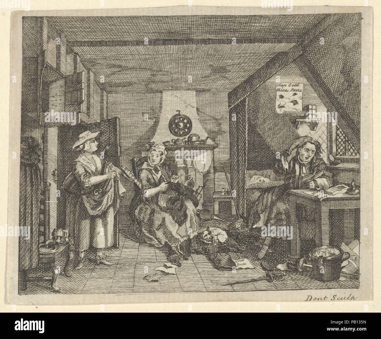 The Distressed Poet. Artist: After William Hogarth (British, London 1697-1764 London). Dimensions: Sheet: 2 11/16 x 3 1/4 in. (6.8 x 8.2 cm). Engraver: Dent (British, active ca. 1800). Date: ca. 1800. Museum: Metropolitan Museum of Art, New York, USA. Stock Photo