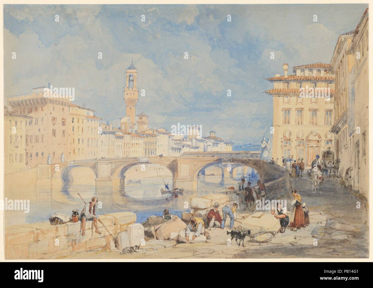 Ponte Santa Trinità, Florence. Artist: James Duffield Harding (British, Deptford, Kent 1797-1863 Barnes, Surrey). Dimensions: Sheet: 8 x 11 5/16 in. (20.3 x 28.8 cm). Date: before 1832.  Ponte Santa Trinità, a bridge across the Arno in Florence, forms the center of Harding's watercolor. The tower of the Palazzo Vecchio punctuates the skyline at left, and the Ponte Vecchio is glimpsed beyond  the arches. The artist took his view from the top of a flight of steps leading down to the river, and describes masons working on a block of stone in the foreground. Additional figures sit on or lean again Stock Photo