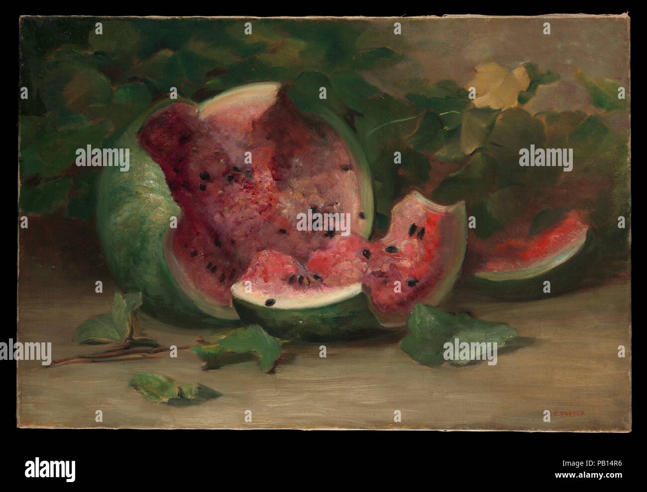 Untitled (Cracked Watermelon). Artist: Charles Ethan Porter (1847-1923). Dimensions: 19 1/8 × 28 3/16 in. (48.6 × 71.6 cm). Date: ca. 1890.  The largely Connecticut-based, New York- and Paris-trained Porter was among the first African American artists to exhibit his work nationally. 'Untitled (Cracked Watermelon)' is one of his largest and most impressive still lifes. Its subject--originally an African gourd brought to the New World by seventeenth-century Spaniards and cultivated by colonists--is also significant. Porter chose to paint what had been an earlier symbol of American abundance--and Stock Photo