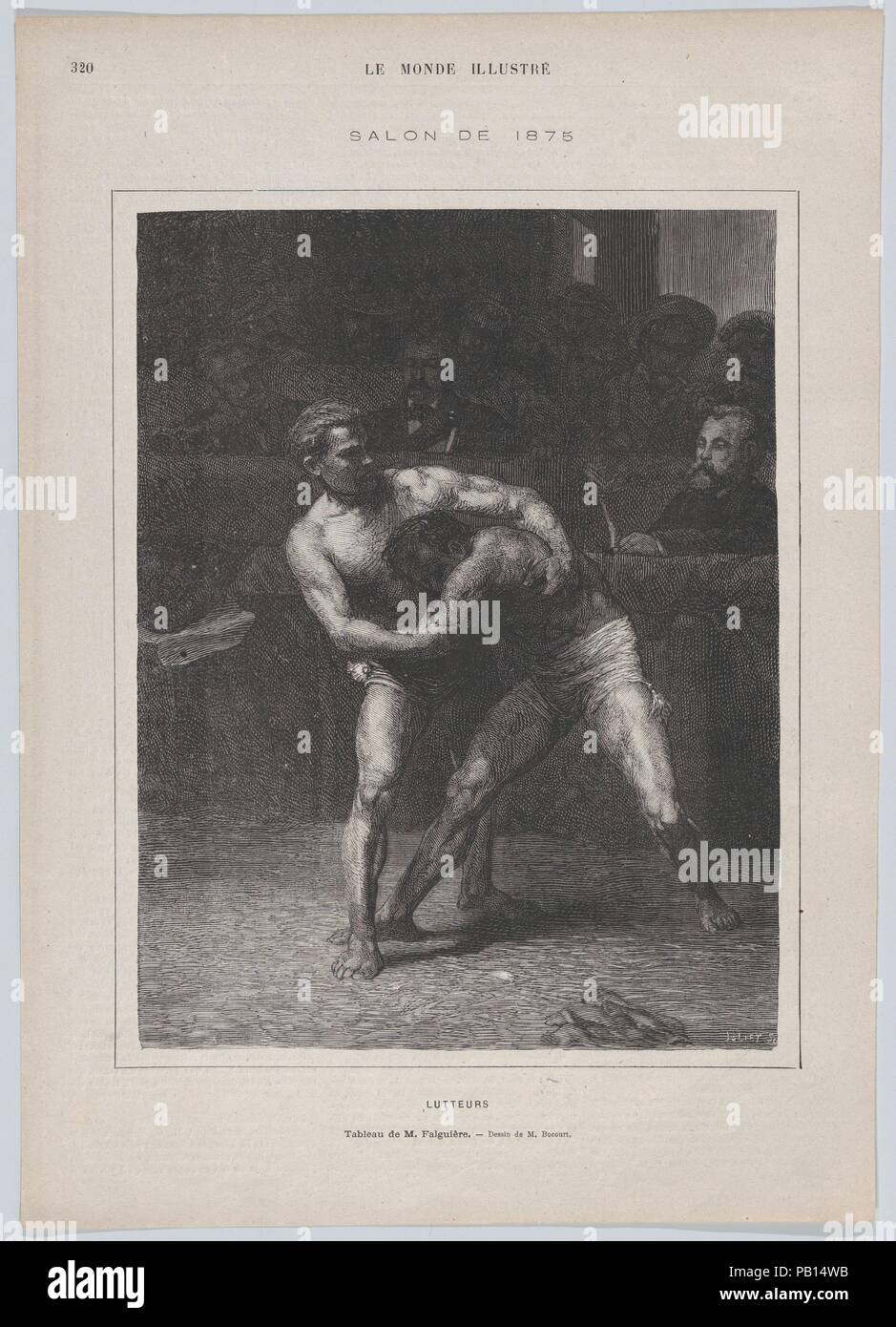 Lutteurs (The Wrestlers), from 'Le Monde Illustré'. Artist: After Étienne-Gabriel Bocourt (French, born 1821); After Alexandre Falguière (French, Toulouse 1831-1900 Paris). Dimensions: Sheet: 14 3/8 × 10 1/8 in. (36.5 × 25.7 cm). Engraver: Auguste Joliet (French, Paris 1839-1915 Saint Cloud). Date: May 22, 1875.  Falguière had worked mainly as a sculptor--he won the prix de Rome for sculpture in 1859--before submitting Lutteurs, as his first major canvas to the Salon in 1875, earning a second class medal for the work. Critics were split in their opinions of the painting according to their posi Stock Photo