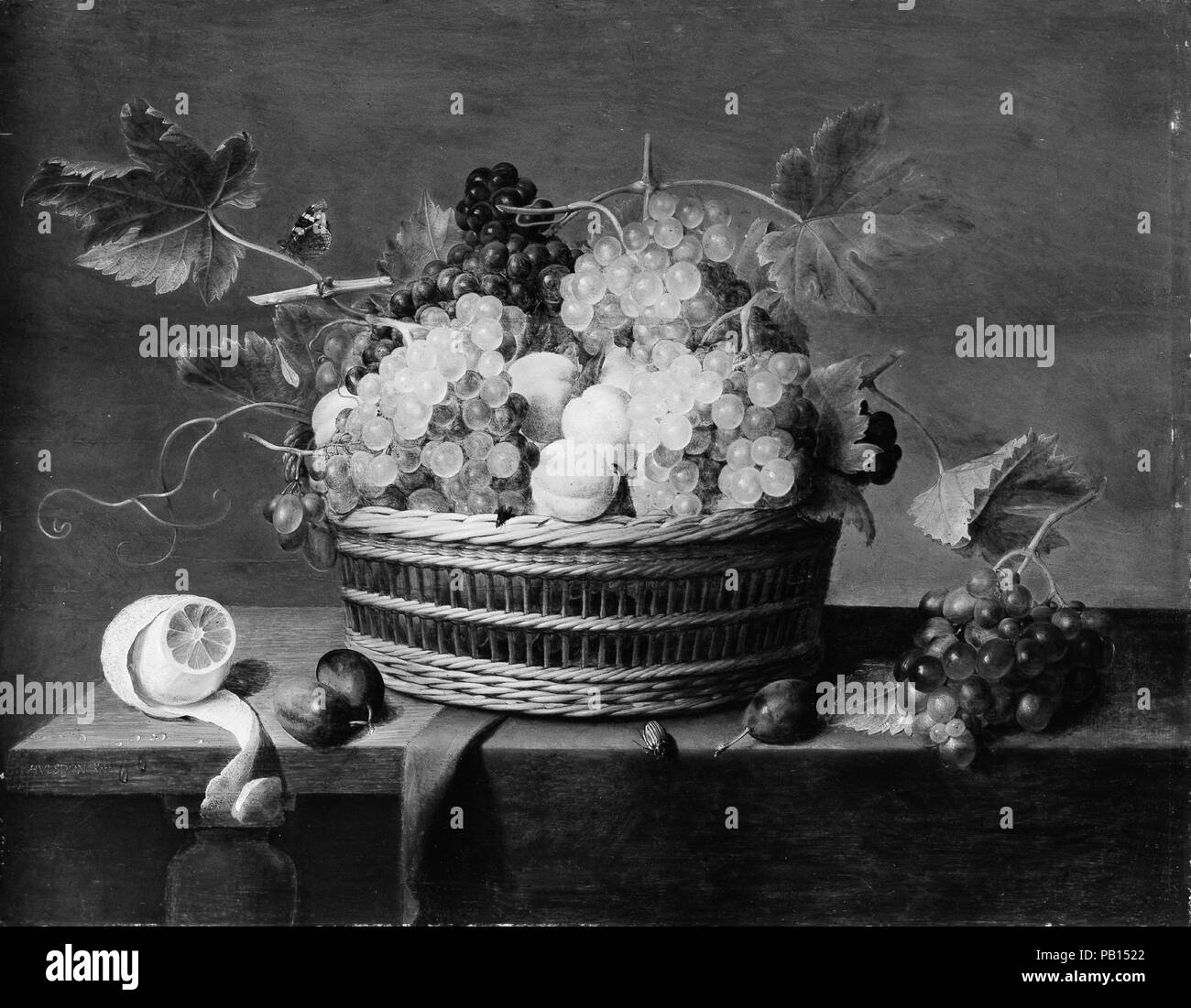 Still Life: A Basket of Grapes and Other Fruit. Artist: Jacob van Hulsdonck (Flemish, 1582-1647). Dimensions: 19 5/8 x 25 1/2 in. (49.8 x 64.8 cm). Date: probably ca. 1635-45.  Hulsdonck was born in Antwerp but spent his early years in the southern Dutch port of Middelburg, where the flower painter Ambrosius Bosschaert (1573-1621) was his model. In this late work Hulsdonck employs a standard Antwerp composition, familiar from pictures by Jan Breughel I and II and by Frans Snyders (from whom the rhythmic tendrils come). Museum: Metropolitan Museum of Art, New York, USA. Stock Photo