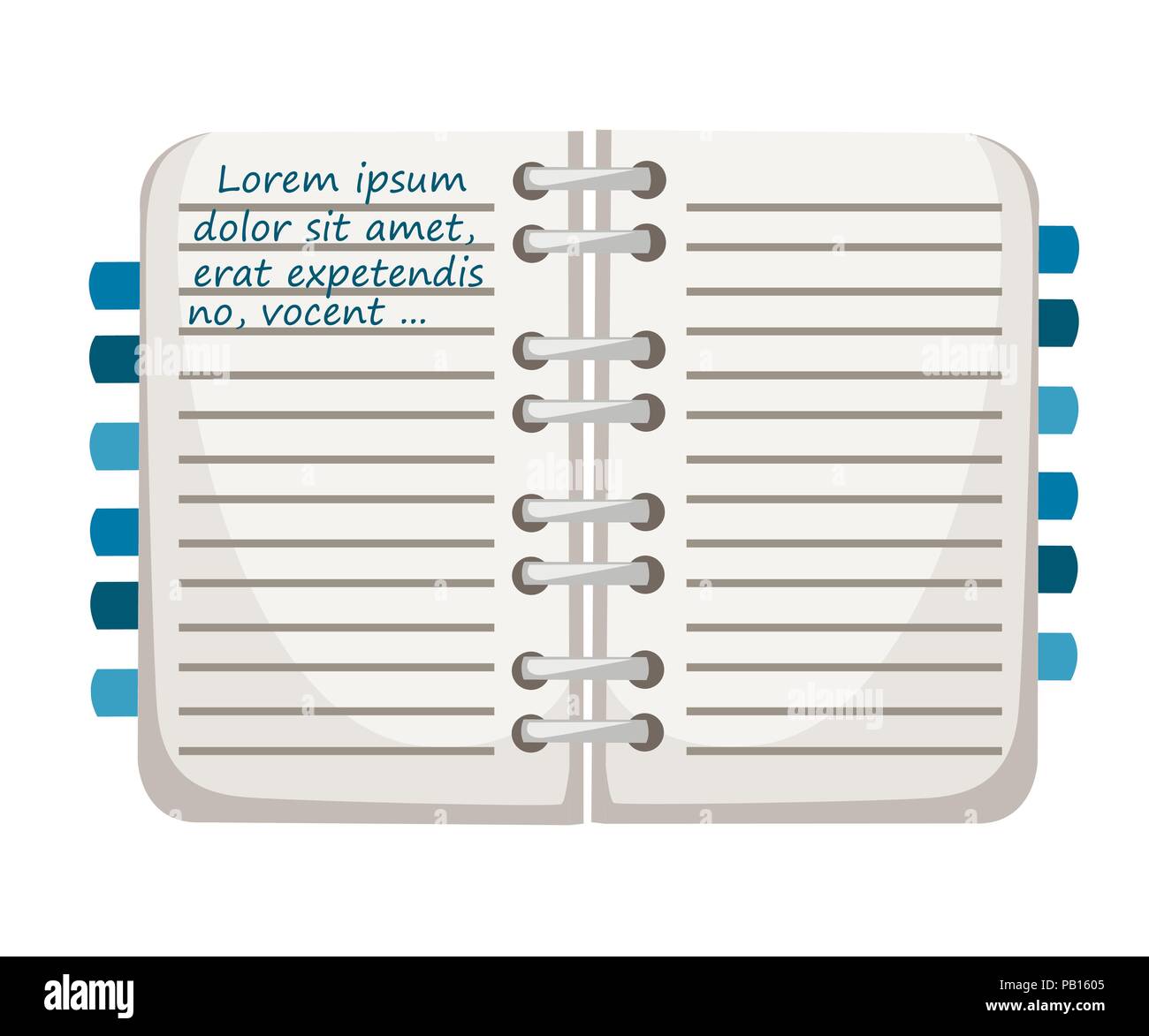 Notebook with bookmarks. Notepad mockup with blue text template. Flat ...