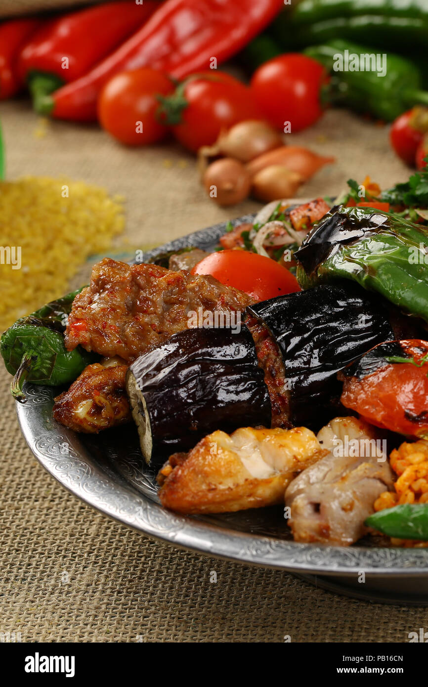 Mixed kebab plate, Turkish lahmacun, adana shish kebab, chicken meat, meatball, Stock Photo