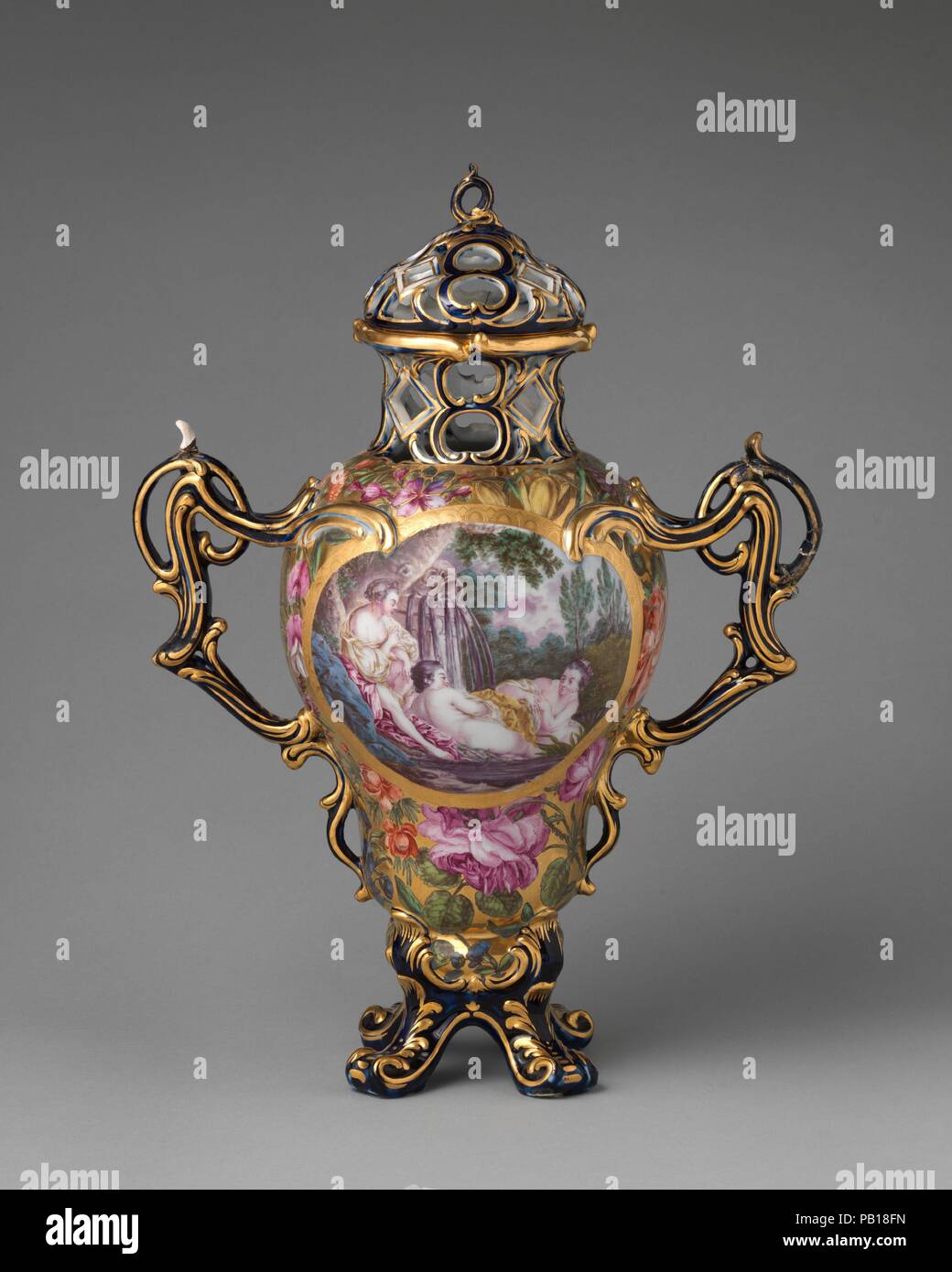 Perfume vase (one of a pair). Culture: British, Chelsea. Dimensions: Height: 14 in. (35.6 cm). Factory: Chelsea Porcelain Manufactory (British, 1745-1784, Gold Anchor Period, 1759-69). Date: ca. 1761.  The scenes depict: (left) three nymphs after the painting La Source by Francois Boucher (1703-1770); and (right) Jupiter disguised as Diana with Diana's nymph Callisto, after an engraving by Rene Galliard (1719-1790) of a painting of 1759 by Boucher. Museum: Metropolitan Museum of Art, New York, USA. Stock Photo