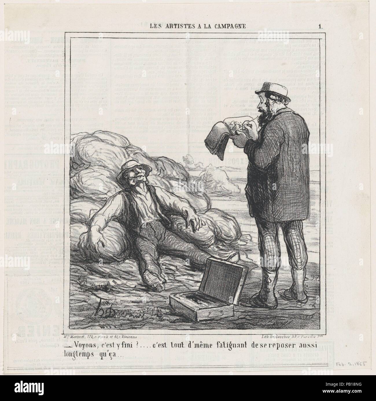 Well, are you finally finished?... after all, it's tiring to relax for such a long time, from 'The countryside artists,' published in Le Charivari, February 2, 1865. Artist: Honoré Daumier (French, Marseilles 1808-1879 Valmondois). Dimensions: Image: 9 1/8 × 7 7/8 in. (23.1 × 20 cm)  Sheet: 11 9/16 × 11 9/16 in. (29.3 × 29.3 cm). Printer: Destouches (Paris). Publisher: Aaron Martinet (French, 1762-1841). Series/Portfolio: 'The countryside artists' (Les artistes a la campagne). Date: February 2, 1865. Museum: Metropolitan Museum of Art, New York, USA. Stock Photo