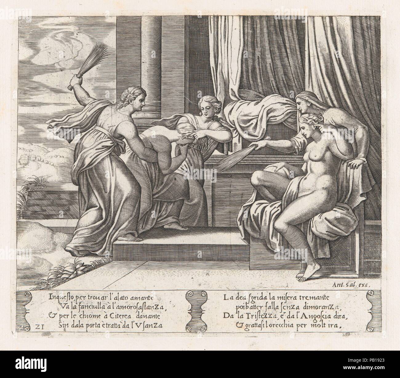 Plate 21: Female personifications of Sorrow and Pain at right punishing Psyche at the behest of Venus, who sits at right, from the Story of Cupid and Psyche as told by Apuleius. Artist: Master of the Die (Italian, active Rome, ca. 1530-60); After Michiel Coxie (I) (Netherlandish, Mechelen ca. 1499-1592 Mechelen). Dimensions: Sheet: 10 1/4 × 15 13/16 in. (26 × 40.2 cm)  Plate: 8 1/16 × 9 3/8 in. (20.5 × 23.8 cm). Publisher: Antonio Salamanca (Salamanca 1478-1562 Rome). Series/Portfolio: The Story of Cupid and Psyche as told by Apuleius. Date: 1530-60.  This book contains 32 plates bound togethe Stock Photo