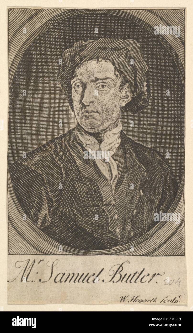 Frontispiece Portrait (Seventeen Small Illustrations for Samuel Butler's Hudibras). Dimensions: sheet (trimmed within plate): 4 1/2 x 2 13/16 in. (11.5 x 7.1 cm). Engraver: William Hogarth (British, London 1697-1764 London). Sitter: Said to portray Samuel Butler (British, baptized Strensham, Worcestershire 1613-1680 Covent Garden); Actual sitter Jean-Baptiste Monnoyer (French, Lille 1636-1699 London). Date: April 1726.  Published as a frontispiece to Samuel Butler's Hudibras, this print is wrongly identified as a portrait of the author. It actually portrays the painter Jean-Baptiste Monnoyer a Stock Photo