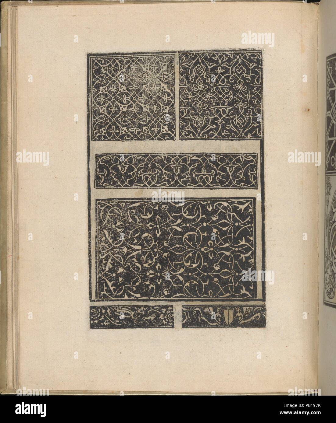 Trionfo Di Virtu. Libro Novo..., page 14 (recto). Dimensions: Overall: 9 13/16 x 7 7/8 in. (25 x 20 cm). Publisher: Matteo Pagano (Italian, 1515-1588) , Venice. Date: 1563.  Published by Matteo Pagano, Italian, 1515-1588, Venice.  From top to bottom, and left to right:  Design composed of a central section that is surrounded all on sides by borders (bottom border is divided into 2 halves; each half is decorated a different pattern) ornamented with a floral pattern. Middle section is ornamented with a pattern of curving vines of flowers that are characterized by heart shapes that are formed alo Stock Photo