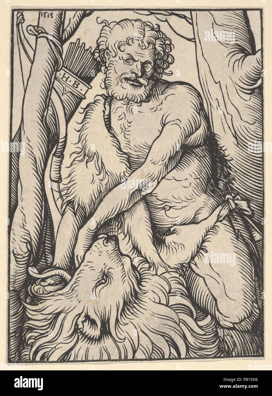 Samson Killing the Lion. Artist: Hans Burgkmair (German, Augsburg 1473-1531 Augsburg). Dimensions: Sheet: 4 7/16 × 3 1/4 in. (11.2 × 8.2 cm). Date: 1515. Museum: Metropolitan Museum of Art, New York, USA. Stock Photo