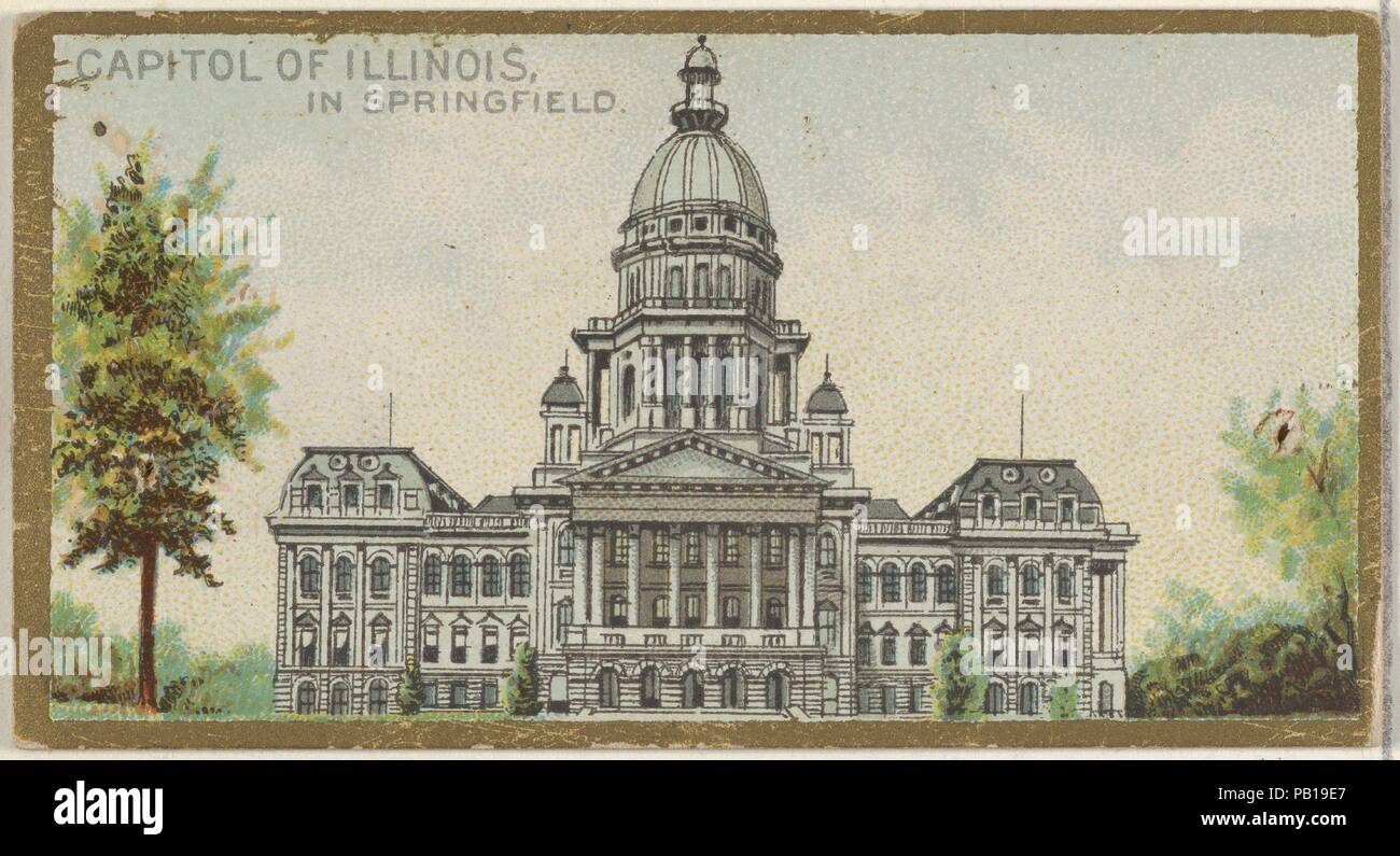 Capitol of Illinois in Springfield, from the General Government and State Capitol Buildings series (N14) for Allen & Ginter Cigarettes Brands. Dimensions: Sheet: 1 1/2 x 2 3/4 in. (3.8 x 7 cm). Lithographer: The Gast Lithograph & Engraving Company (American, New York). Publisher: Issued by Allen & Ginter (American, Richmond, Virginia). Date: 1889.  Trade cards from the 'General Government and State Capitol Buildings' series (N14), issued in 1889 in a set of 50 cards to promote Allen & Ginter brand cigarettes. Museum: Metropolitan Museum of Art, New York, USA. Stock Photo