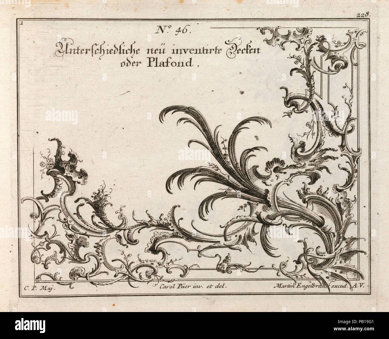 Design for the Decoration of the Lower Right Corner of a Ceiling, Plate 1 from: 'Unterschiedliche neü inventirte Decken oder Plafond.'. Artist: Carl Pier (German, active Augsburg, ca. 1750). Dimensions: Overall: 8 7/16 × 13 3/4 in. (21.5 × 35 cm). Publisher: Martin Engelbrecht (German, Augsburg 1684-1756 Augsburg). Date: Printed ca. 1750-56.  Ornament print with a design for the decoration of the lower right corner of a ceiling with thin elegant rocaille motifs and the offshoot of a plant in the corner. This print is bound in an album containing 27 series with a total of 122 ornament prints fr Stock Photo