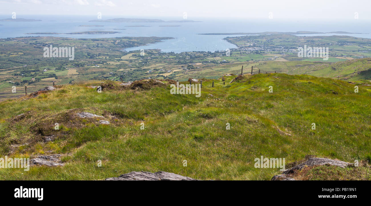 landscape view from mount Gabriel overlooking Schull Harbour and beyond, west cork, Ireland. Stock Photo