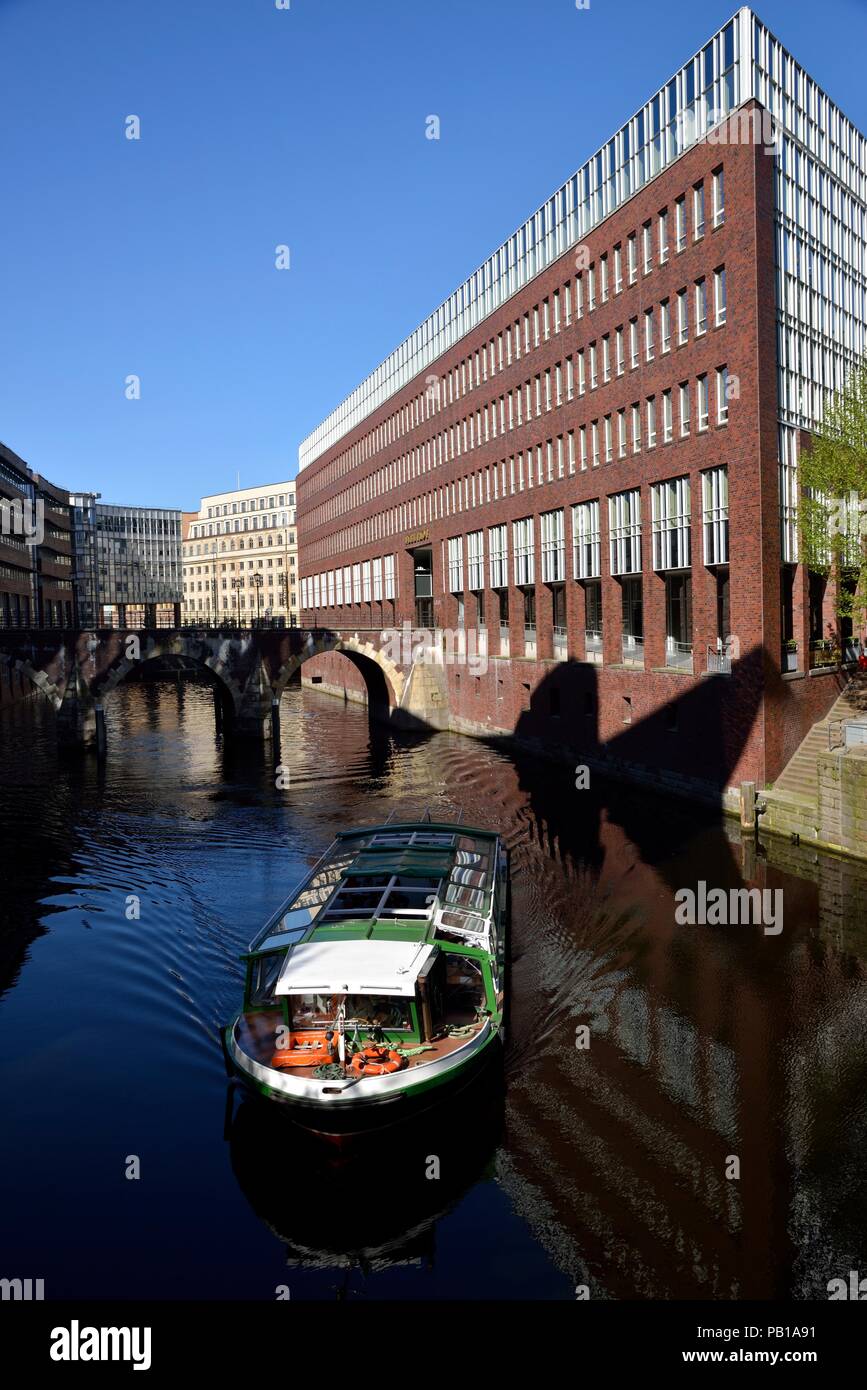 Boat on Bleichenfleet Canal, Hamburg, Germany Stock Photo