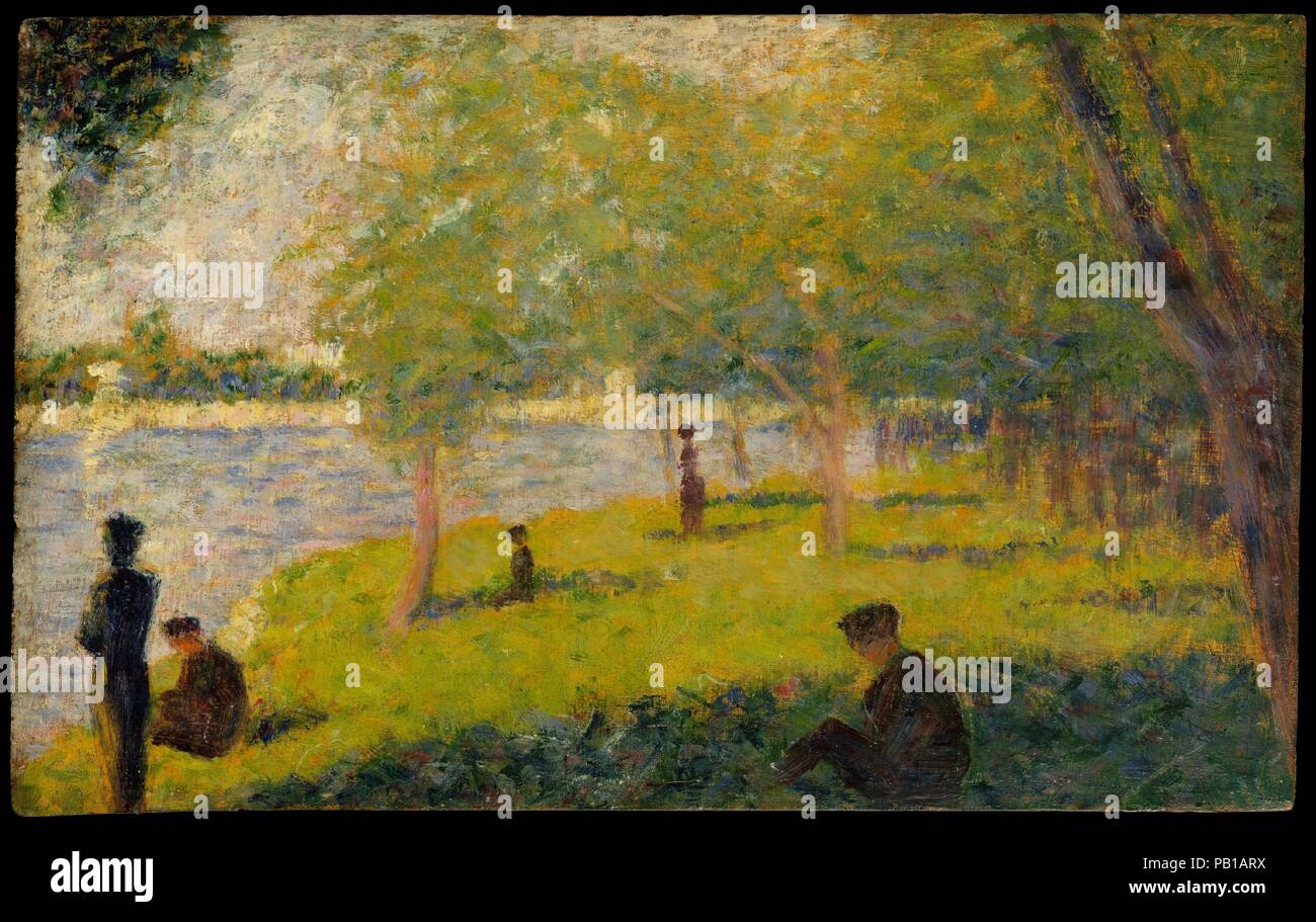 Study for 'A Sunday on La Grande Jatte'. Artist: Georges Seurat (French, Paris 1859-1891 Paris). Dimensions: 6 1/8 x 9 1/2 in. (15.6 x 24.1 cm). Date: 1884.  This small panel is one of approximately fifty oil sketches and drawings made as preparatory studies for Seurat's monumental masterpiece, A Sunday on La Grand Jatte. Painted from 1884-86, the scene depicts Parisians at leisure on an island in the Seine. Illustrating Seurat's process of investigation, the figures in the present panel were significantly transformed in the final painting. Seurat's style came to be known as Pointillism (from  Stock Photo