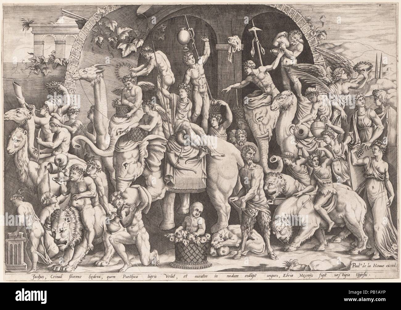 The Indian Triumph of Bacchus. Artist: Engraved by Anonymous, French, 16th century (?); Possibly copied from engraving attributed to Enea Vico (Italian, Parma 1523-1567 Ferrara). Dimensions: sheet: 10 7/8 x 15 5/8 in. (27.7 x 39.7 cm). Publisher: Published by Paul de la Houve (Paris). Date: mid-16th century. Museum: Metropolitan Museum of Art, New York, USA. Stock Photo