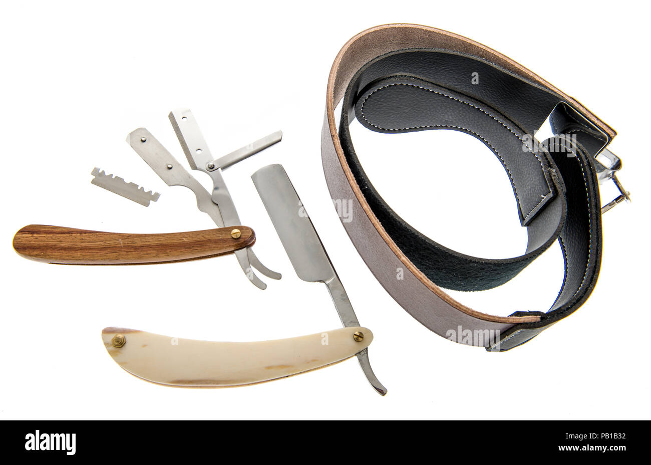 A straight razor with a wood handle opened up to replace the blade with