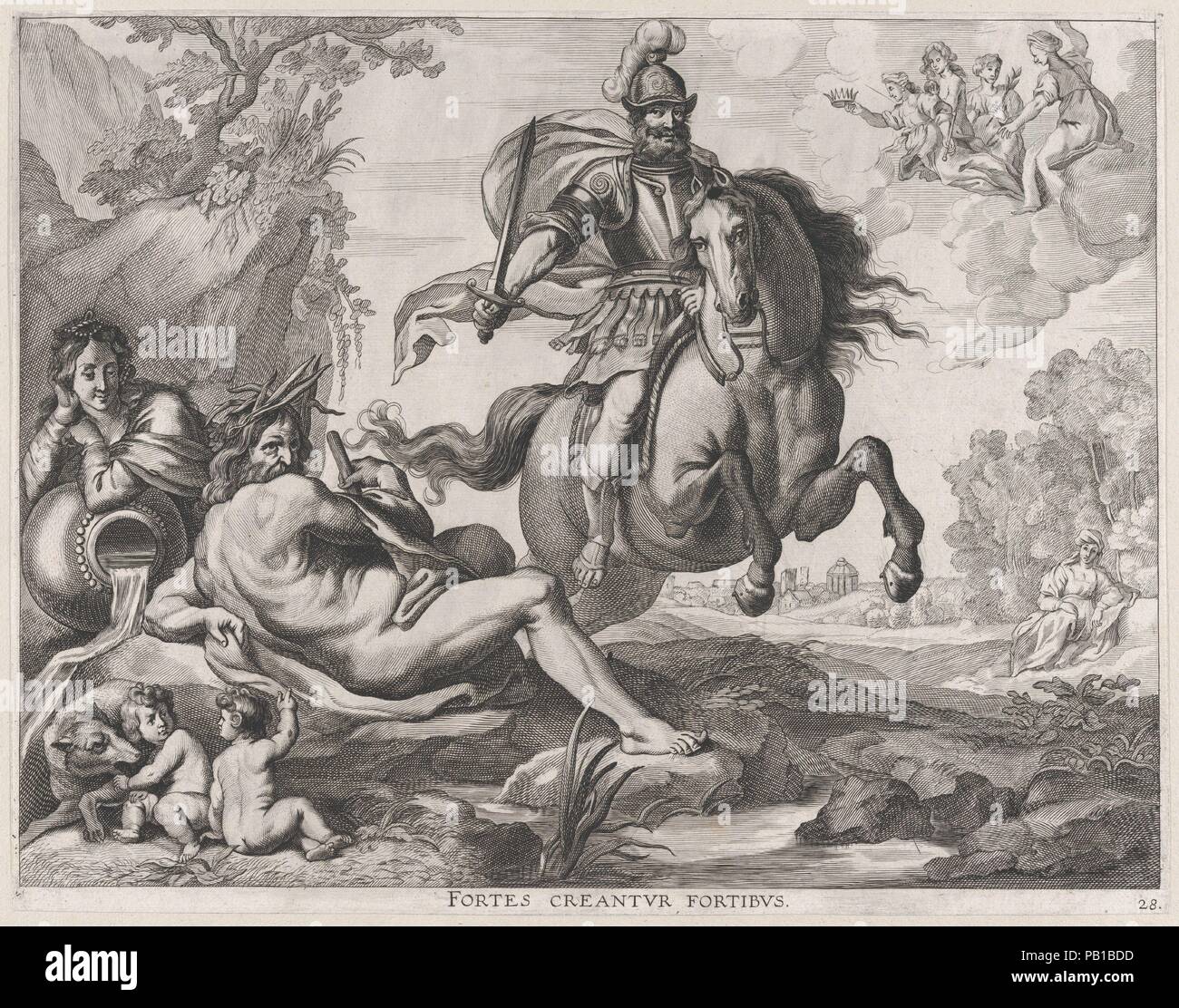 Plate 28: Mars on horseback at center, and Romulus and Remus with the wolf at lower left; from Guillielmus Becanus's 'Serenissimi Principis Ferdinandi, Hispaniarum Infantis...'. Artist: Jacob Neeffs (Flemish, Antwerp 1610-after 1660 Antwerp). Dimensions: Sheet (Trimmed): 11 3/4 × 15 1/16 in. (29.9 × 38.2 cm). Published in: Antwerp. Publisher: Johannes Meursius (Flemish, active 1620-47). Date: 1636.  On January 28, 1635, the city of Ghent celebrated the entry of Cardinal-Infante Ferdinand of Spain, the recently appointed governor of the Southern Netherlands. A group of Flemish artists were comm Stock Photo