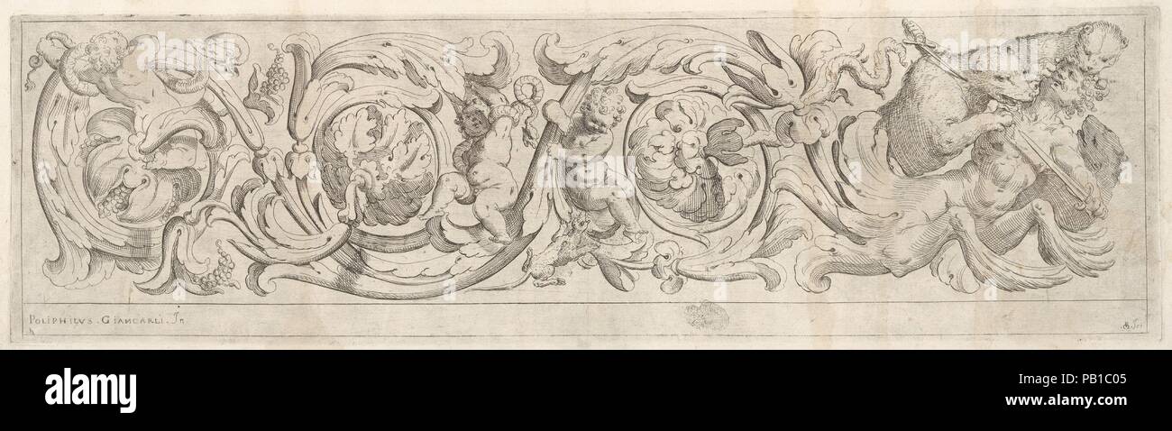 Disegni Varij di Polifilo Zancarli (Friezes). Artist: Polifilo Giancarli (active in Venice ca. 1600-1625); Odoardo Fialetti (Italian, Bologna 1573-1637/38 Venice). Dimensions: Plate: 4 15/16 x 17 3/8 in. (12.6 x 44.2 cm). Published in: Venice. Date: ca. 1625.  Design for a frieze filled with a meandering acanthus scroll and various figures. On the right side of the frieze a male centaur whose lower body morphs into the acanthus scroll is fighting three which look somewhat like bears. In the acanthus scroll three putti have been depicted, each of which interacts with an animal. Museum: Metropol Stock Photo