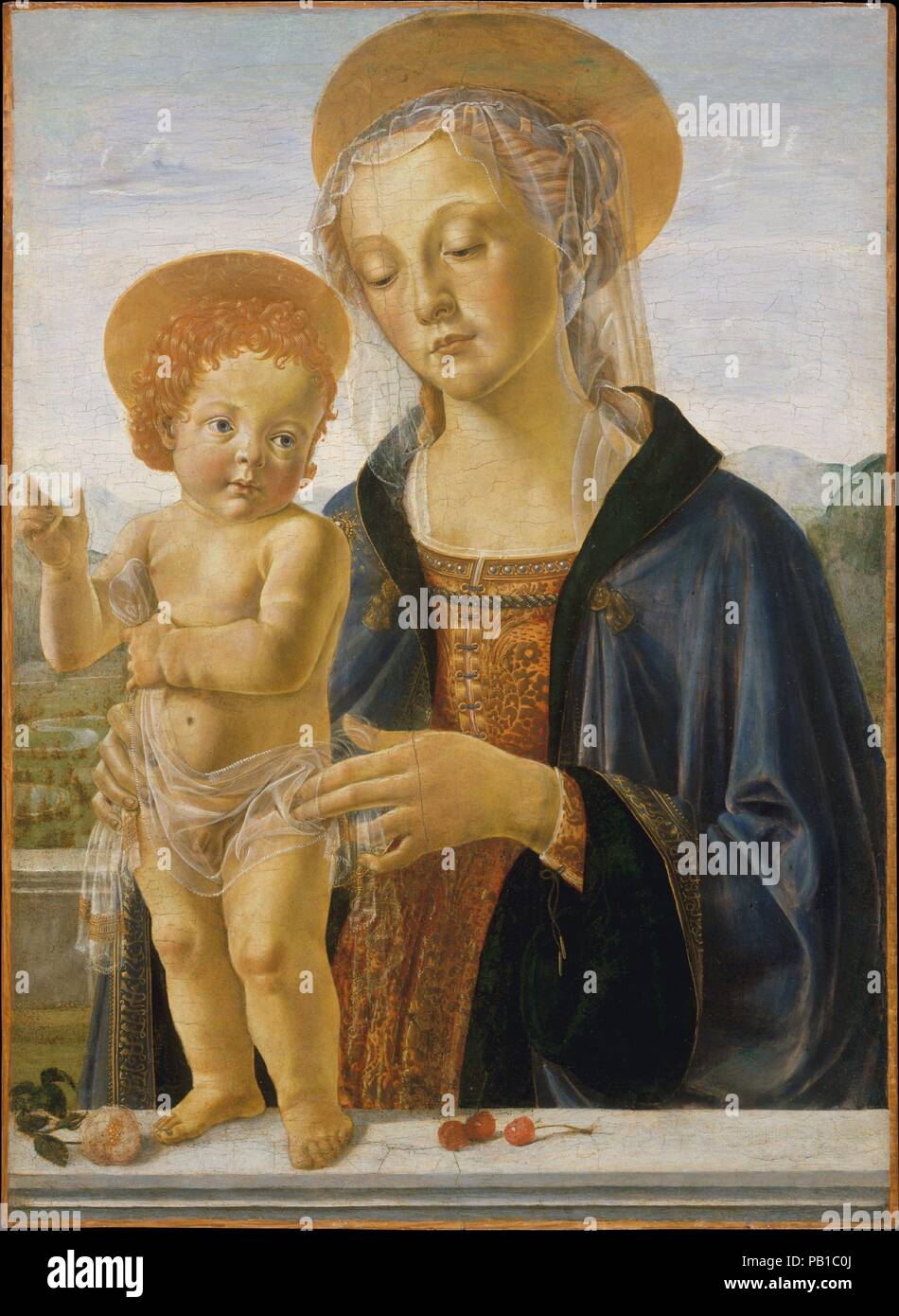 Madonna and Child. Artist: Workshop of Andrea del Verrocchio (Italian, Florence 1435-1488 Venice). Dimensions: 26 x 19 in. (66 x 48.3 cm). Date: ca. 1470.  Verrocchio, a great sculptor, painter, and draftsman ran the most prestigious workshop of the last third of the fifteenth century in Florence. (Botticelli and the young Leonardo were among those associated with the shop.) This picture is of fine quality and is based on a design by Verrocchio. It dates about 1470. Although the left side of the Madonna's face is badly damaged, passages such as the Child's head convey the original quality of t Stock Photo