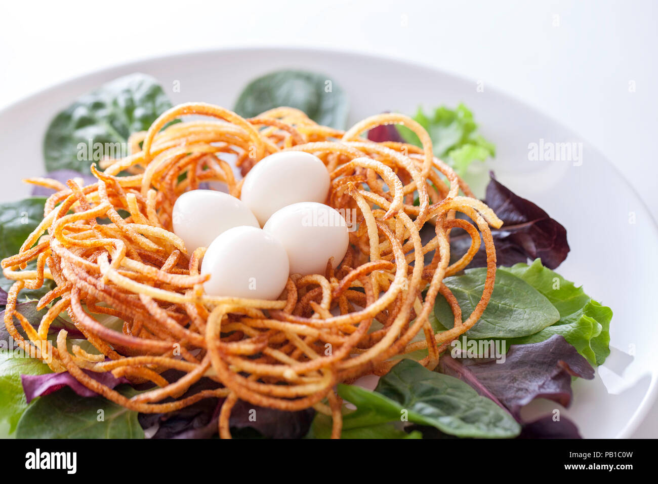 Ethical vegan or vegetarian organic healthy spiralized meal. Boiled quail eggs in fried spiralized potato nest with baby leaf salad. Stock Photo