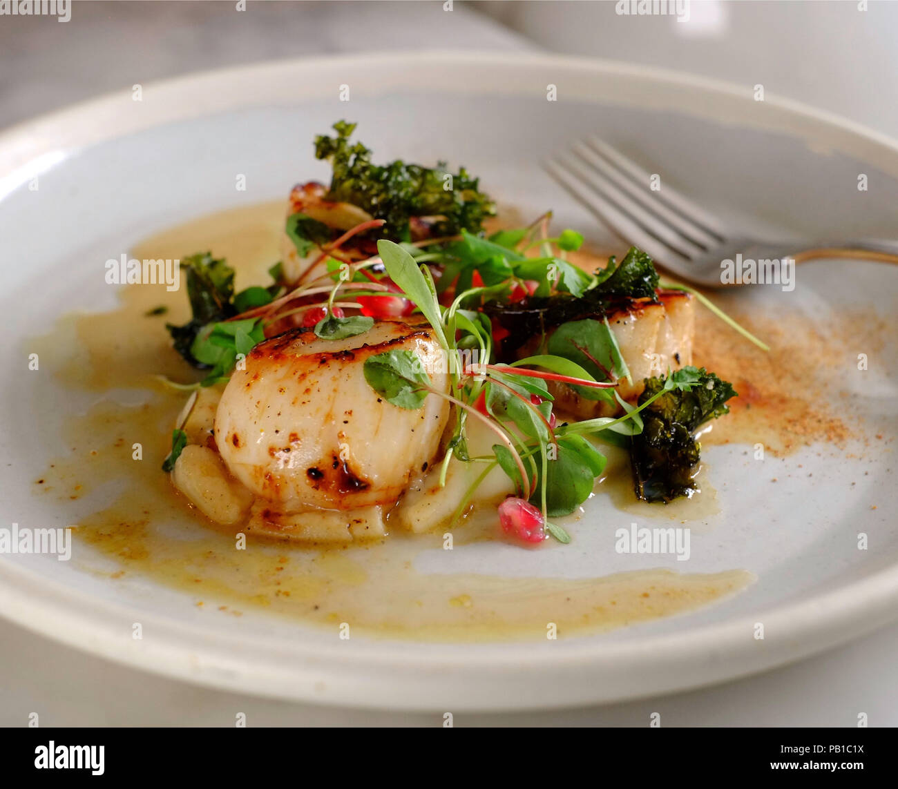 Scallops with parsley root puree at Bridge Cottage Bistro, Sandsend