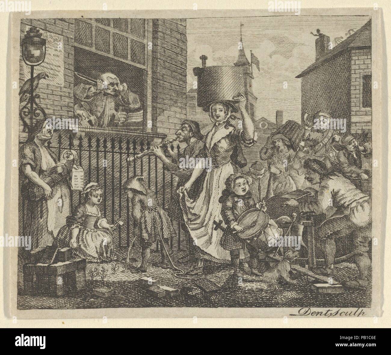 The Enraged Musician. Artist: After William Hogarth (British, London 1697-1764 London). Dimensions: Sheet: 2 5/8 x 3 1/8 in. (6.7 x 8 cm). Engraver: Dent (British, active ca. 1800). Date: ca. 1800. Museum: Metropolitan Museum of Art, New York, USA. Stock Photo
