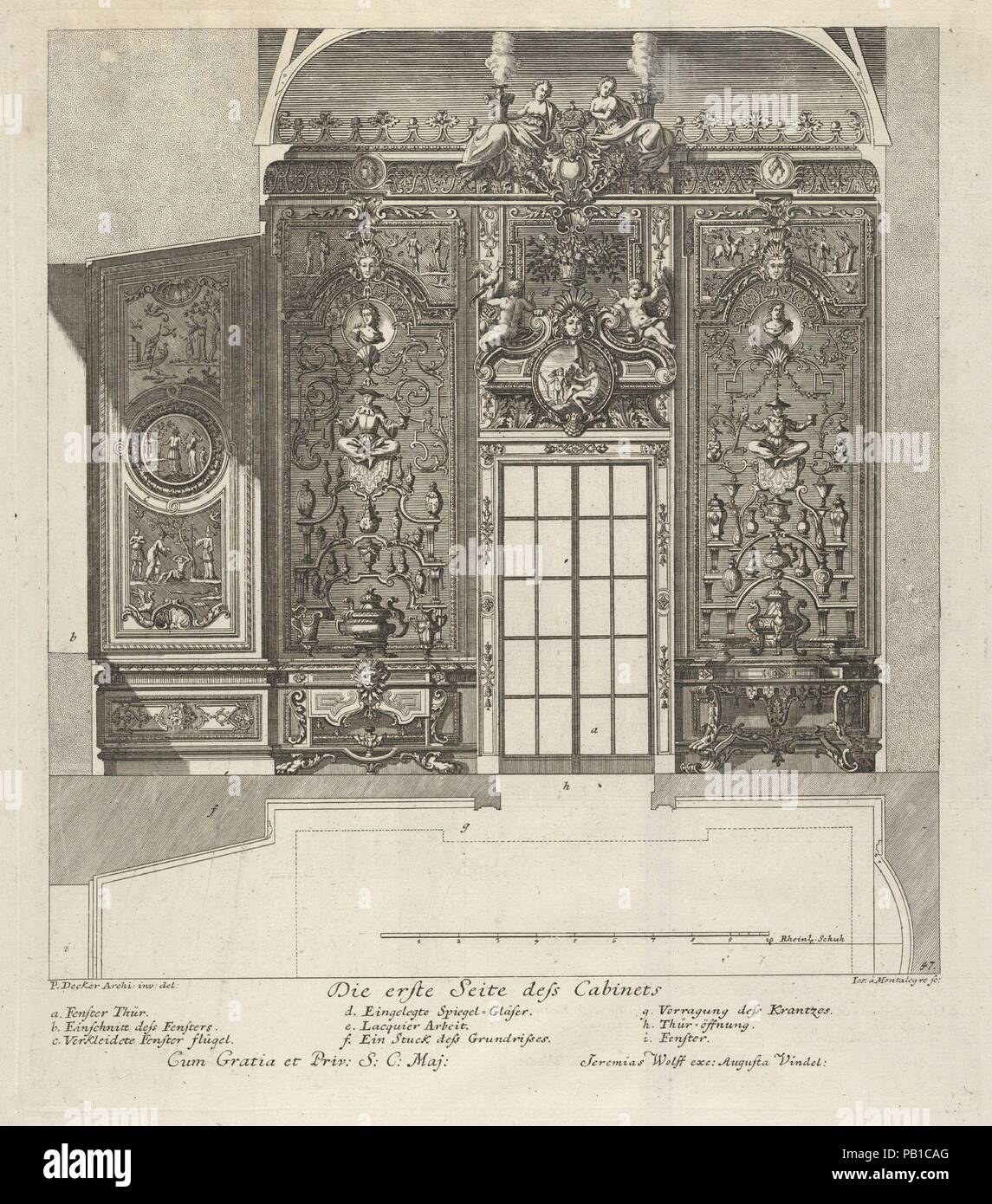 The First Wall of the Porcelain Room, from: 'Fürstlicher Baumeister Oder: Architectura civilis'. Artist: Paul Decker the Elder (German, 1677-1713). Dimensions: Plate: 13 × 11 3/8 in. (33 × 28.9 cm). Engraver: Joseph de Montalegre (German, born Prague, active ca. 1710-after 1724). Printer: Peter Detleffsen. Published in: Augsburg. Publisher: Jeremias Wolff (German, 1663-1724). Date: 1711.  This print comes from a book, published in Augsburg in 1711 under the title Fürstlicher Baumeister Oder: Architectura civilis (The Princely Architect or: Civil Architecture). In its essence this book contains Stock Photo
