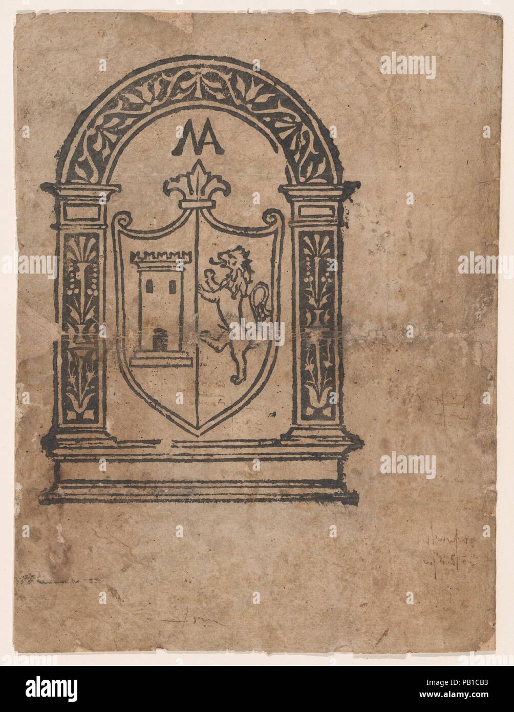 Book illustration or more likely a trademark with a coat of arms featuring a lion and a tower set within an arch. Artist: Anonymous, Italian, 16th century. Dimensions: Sheet: 11 13/16 × 17 15/16 in. (30 × 45.5 cm). Date: 16th century.  Giustiniano degli Azzi Vitelleschi's article in the Mitteilungen der Gesellschaft für vervielfältigende Kunst (1929, nr .2/3, pp.37-45)  describes a collection of woodcuts, including this print (number 4).  Vitelleschi believes these prints are trade devices, not intended for book covers, but rather were used as covers to account books. In addition, these emblem Stock Photo