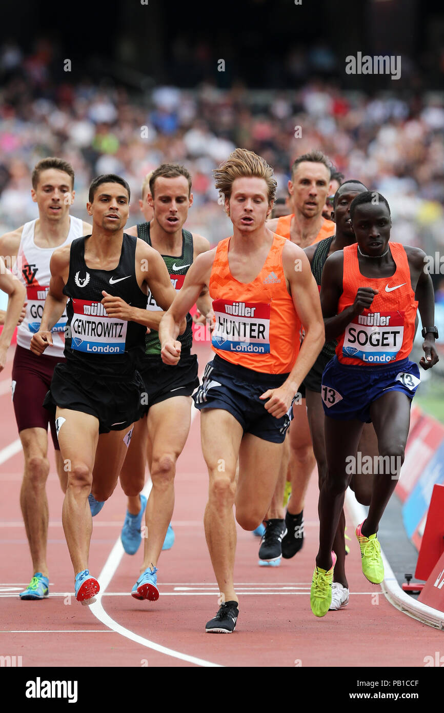 Andrew HUNTER (United States of America), Justus SOGET (Kenya), Matthew  CENTROWITZ (United States of America) competing in the Men's 1500m Final at  the 2018, IAAF Diamond League, Anniversary Games, Queen Elizabeth Olympic