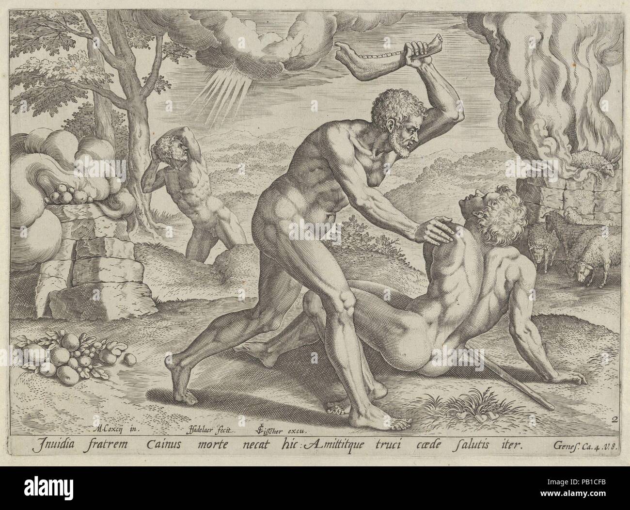 Cain murdering Abel (plate 2 from The Story of Cain and Abel). Artist: After Michiel Coxie (I) (Netherlandish, Mechelen ca. 1499-1592 Mechelen); Johann Sadeler I (Netherlandish, Brussels 1550-1600/1601 Venice). Dimensions: Plate: 8 × 11 in. (20.3 × 28 cm)  Sheet (including strip of paper pasted to left edge): 10 5/8 × 14 7/16 in. (27 × 36.6 cm). Publisher: Claes Jansz. Visscher (Dutch, Amsterdam 1586-1652 Amsterdam). Date: 1576. Museum: Metropolitan Museum of Art, New York, USA. Stock Photo