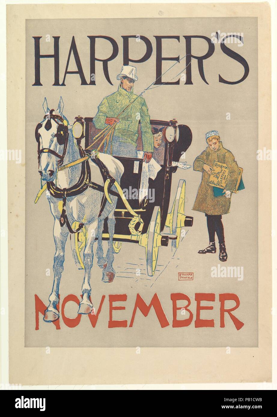 Harper's, November. Artist: Edward Penfield (American, Brooklyn, New York 1866-1925 Beacon, New York). Dimensions: Sheet: 19 1/2 × 13 9/16 in. (49.6 × 34.4 cm)  Image: 17 in. × 11 15/16 in. (43.2 × 30.4 cm). Publisher: Harper and Brothers, Publishers. Date: 1893. Museum: Metropolitan Museum of Art, New York, USA. Stock Photo