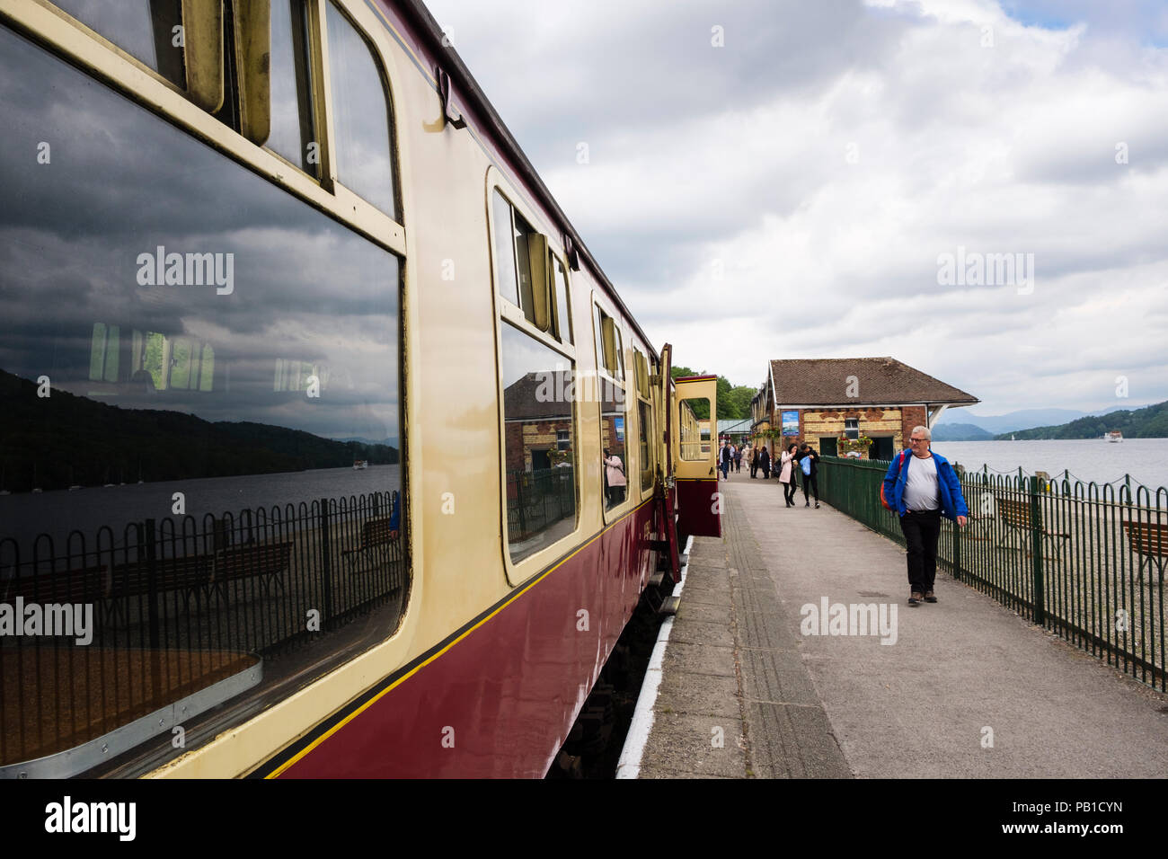 Old fashioned train in Lakeside and Haverthwaite steam railway station by Windermere in Lake District National Park. Lakeside Cumbria England UK Stock Photo
