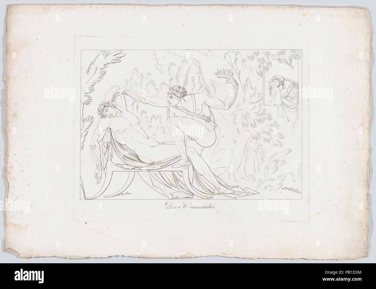 Der Kronenräuber (Claudio Murders His Brother, King Hamlet, By Pouring Poison into His Ear as He Lies Sleeping in the Garden, Shakespeare, Hamlet, Act 1, Scene 5: 58-78). Artist: After Henry Fuseli (Swiss, Zürich 1741-1825 London). Dimensions: Plate: 9 13/16 × 12 5/8 in. (25 × 32 cm)  Sheet: 13 9/16 × 19 1/8 in. (34.4 × 48.5 cm). Engraver: Johann Heinrich Lips (Swiss, Kloten 1758-1817 Zurich). Series/Portfolio: Heinrich Fuessli's Sämmtliche Werke, 1807, part I, no. 8. Subject: William Shakespeare (British, Stratford-upon-Avon 1564-1616 Stratford-upon-Avon). Date: 1806. Museum: Metropolitan Mus Stock Photo
