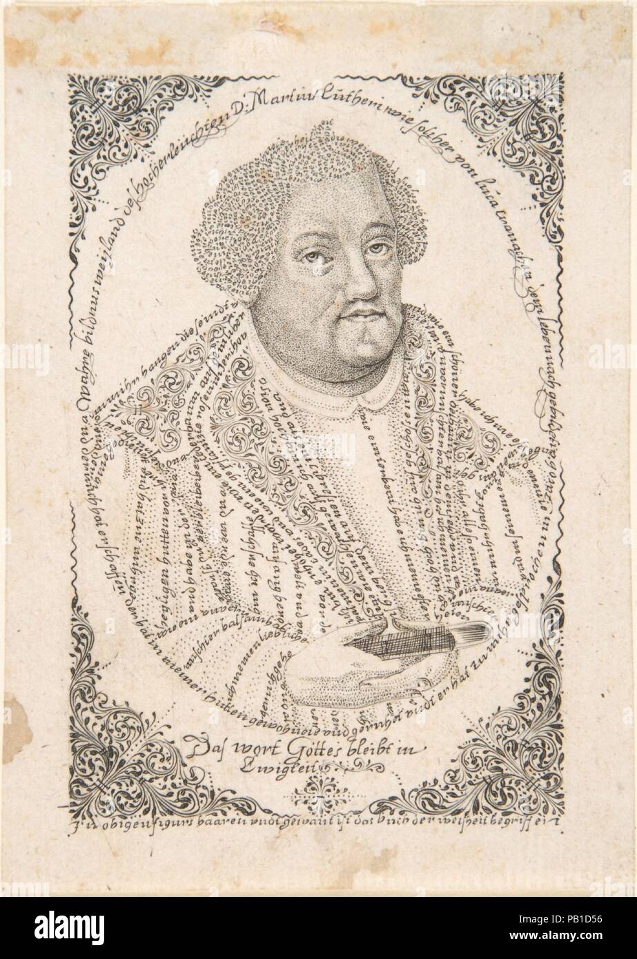 Portrait of Martin Luther. Artist: Johann Michael Püchler (German, born Schwäbisch-Gmünd, active ca. 1680-1702). Dimensions: Sheet: 3 3/4 × 2 5/8 in. (9.5 × 6.7 cm). Date: ca. 1680-1702.  Coming from a family of engravers and calligraphers, Püchler created numerous portraits of Martin Luther, John Calvin, and other religious figures using virtuosic micrography. Made after a likeness by the sixteenthcentury artist Lucas Cranach the Elder, this portrait contains text from the Bible and perhaps from Luther's own Ninety-Five Theses. Püchler's style of micrography, forming the hair out of swirling  Stock Photo