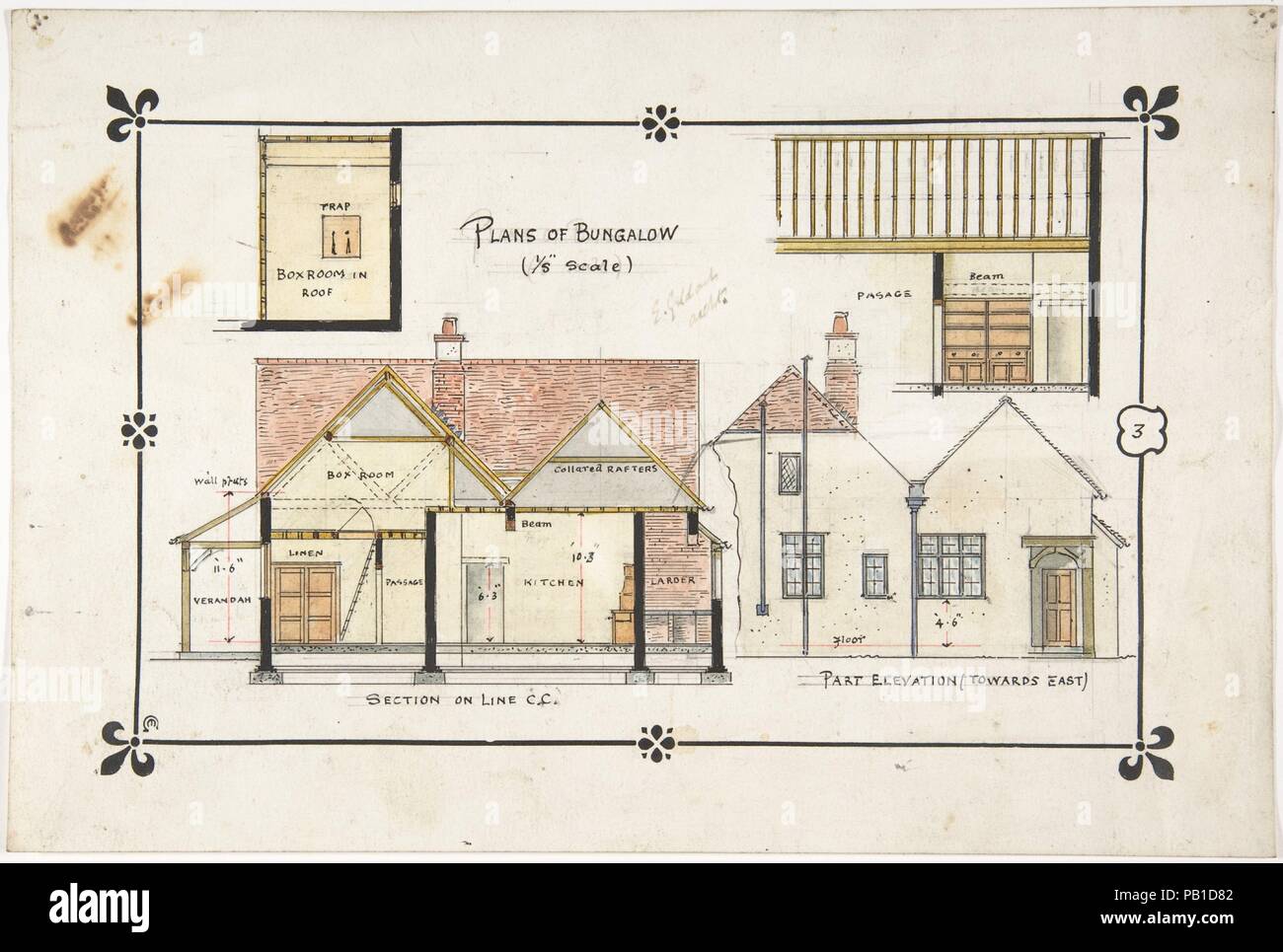 Bungalow drawing -- Eastern elevation and interior. Artist: Ernest Geldart (British, London 1848-1929). Dimensions: sheet: 8 1/16 x 11 15/16 in. (20.4 x 30.3 cm). Date: late 19th-early 20th century. Museum: Metropolitan Museum of Art, New York, USA. Stock Photo