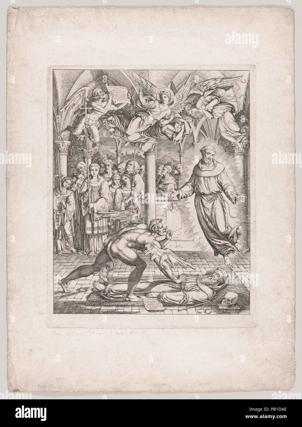 Battle of Satan with St. Francis for the Soul of the Monk Guido of Montefeltro. Artist: Joseph Anton Koch (Austrian, Obergibeln bei Elbigenalp 1768-1839 Rome). Dimensions: Sheet: 23 1/8 × 17 5/16 in. (58.7 × 44 cm)  Plate: 15 11/16 × 12 1/2 in. (39.9 × 31.7 cm). Date: 1807-8. Museum: Metropolitan Museum of Art, New York, USA. Stock Photo