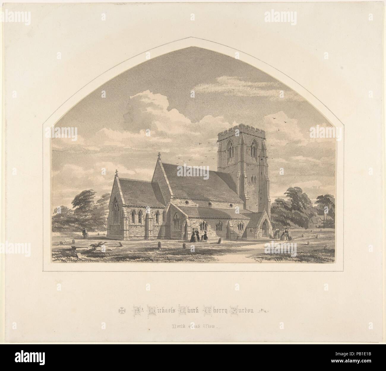 St. Michael's Church, Cherry Burton: North East View. Artist: Sir Horace Jones (British, London 1819-1887 London). Dimensions: sheet (pointed arched top): 8 7/16 x 10 15/16 in. (21.4 x 27.8 cm)  mount: 13 1/8 x 14 9/16 in. (33.3 x 37 cm). Date: 1845-50. Museum: Metropolitan Museum of Art, New York, USA. Stock Photo