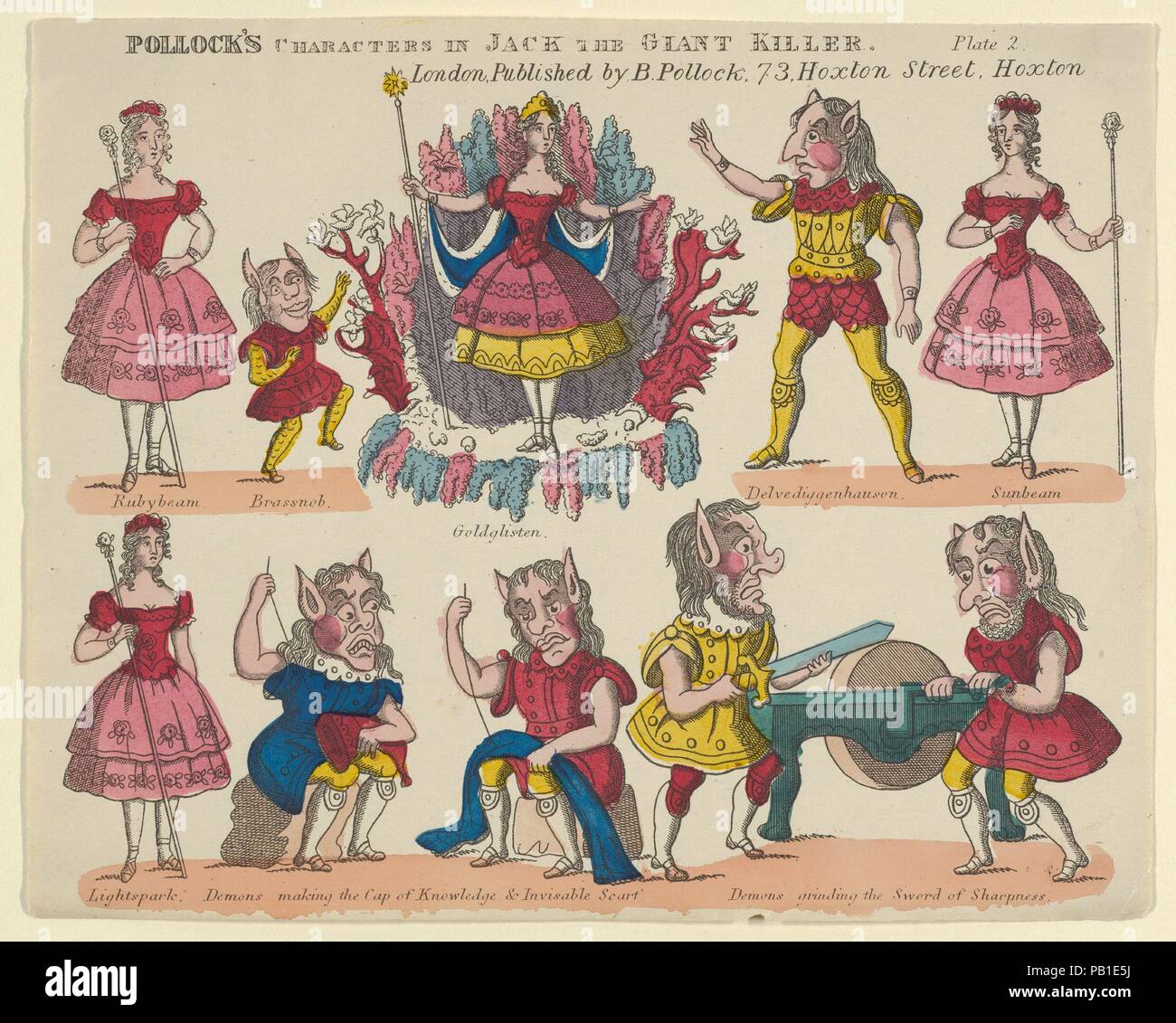 Characters, from 'Jack the Giant Killer', Plate 2 for a Toy Theater. Dimensions: Sheet: 6 11/16 × 8 7/16 in. (17 × 21.4 cm). Publisher: Benjamin Pollock (British, 1857-1937). Date: 1870-90.  Pollock's characters for 'Jack the Giant Killer', second plate for a toy theater. A traditional fairy tale in England, it tells the story of Jack, who climbs his way up to the round table of King Arthur by killing the various giants that menace the lives and happiness of people in the reign. The print features ten characters of the story, organized in two rows of five. On the upper row, in the center, is G Stock Photo