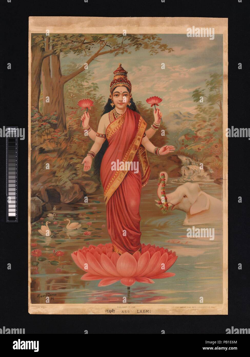 Lakshmi. Culture: India. Dimensions: Image: 28 1/8 × 20 in. (71.4 × 50.8 cm)  Sheet: 30 3/4 × 25 7/8 in. (78.1 × 65.7 cm). Date: 1894.  Lakshmi standing on a lotus is perhaps the most well-known example of all of the early lithographs of Hindu gods.  In part this is because of Ravi Varma's fame and the fact that he produced such high quality images, but it is also a result of its long print run; much simplified versions of this print continued to be produced into the 1920s.  Ravi Varma based this print on a series of oil painting he did for various patrons; one of these is currently on display Stock Photo