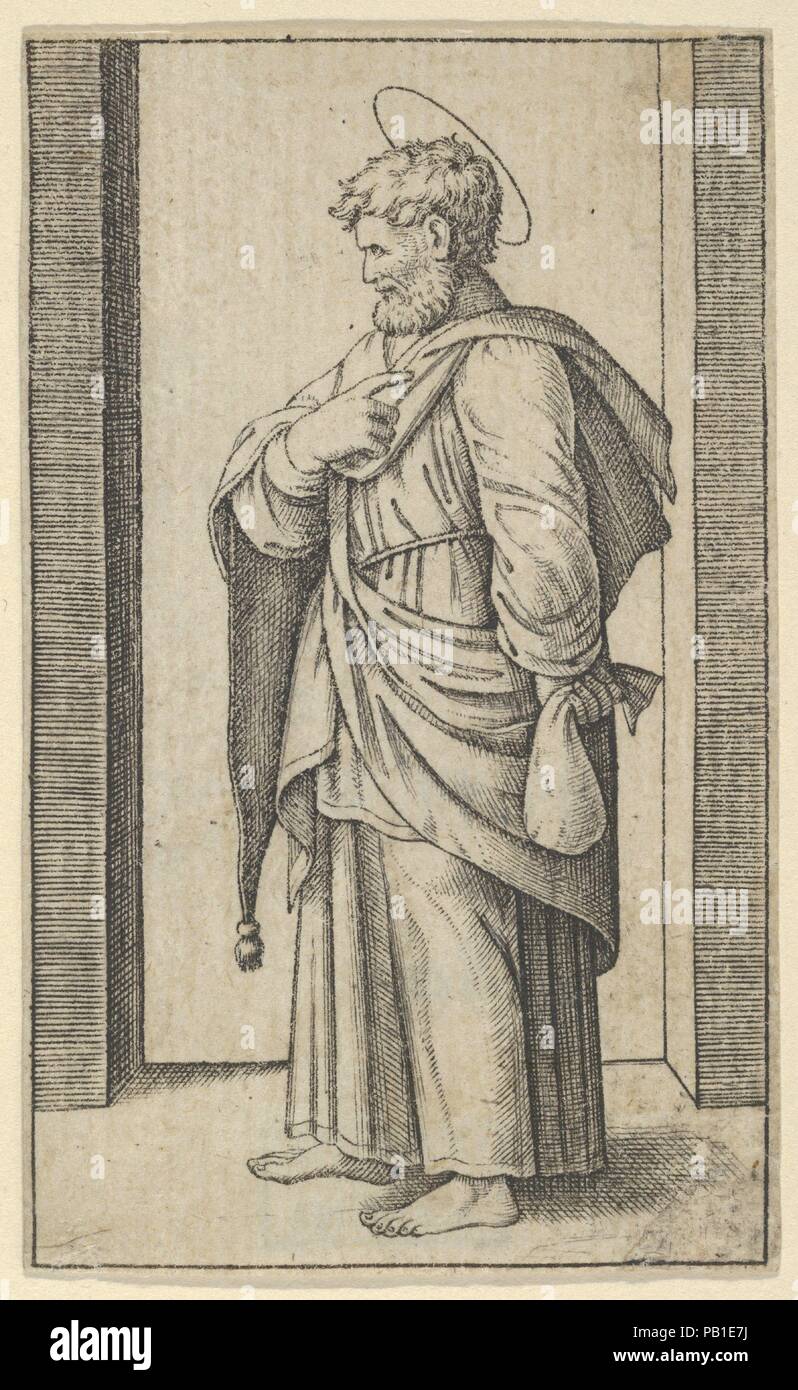 Saint Matthew, a small sack in his left hand, from the series 'Piccoli Santi' (Small Saints). Artist: Marcantonio Raimondi (Italian, Argini (?) ca. 1480-before 1534 Bologna (?)); Designed by Raphael (Raffaello Sanzio or Santi) (Italian, Urbino 1483-1520 Rome). Dimensions: 3 1/8 x 1 7/8 in.  (8.0 x 4.8 cm). Date: ca. 1500-1527. Museum: Metropolitan Museum of Art, New York, USA. Stock Photo