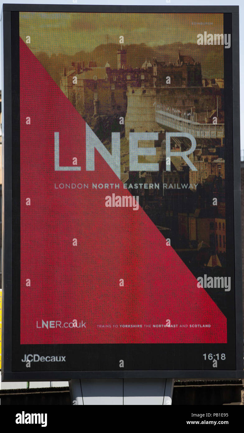 Advert for London North Eastern Railway (LNER), the now state-run East Coast line.   The government took control of the East Coast rail franchise from private operators Virgin Trains East Coast.  Featuring: Atmosphere, View Where: London, England, United Kingdom When: 24 Jun 2018 Credit: Wheatley/WENN Stock Photo