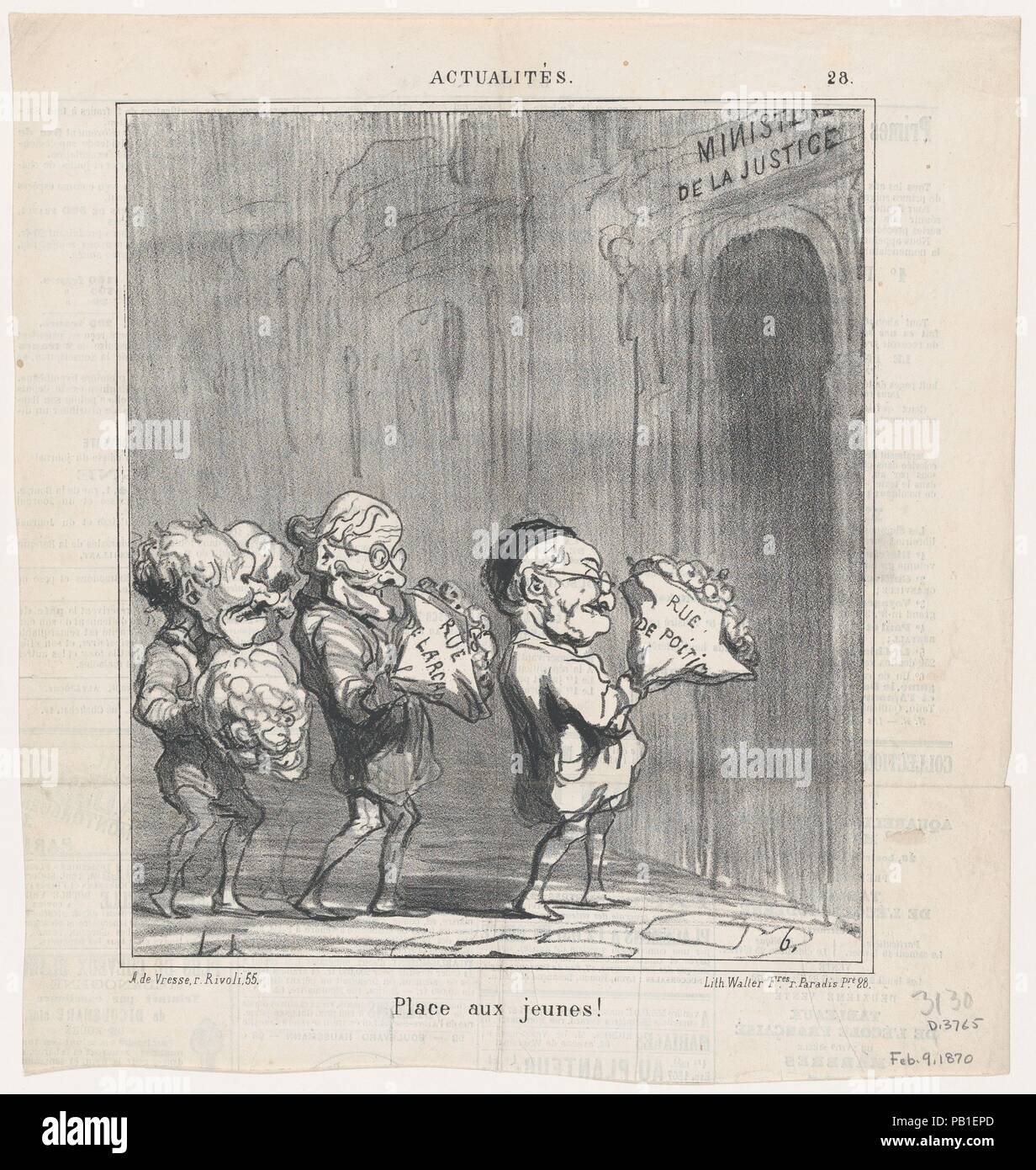 Make room for the young!, from 'News of the day,' published in Le Charivari, February 9, 1870. Artist: Honoré Daumier (French, Marseilles 1808-1879 Valmondois). Dimensions: Image: 9 5/16 × 8 1/16 in. (23.6 × 20.4 cm)  Sheet: 11 9/16 × 10 13/16 in. (29.4 × 27.5 cm). Printer: Walter Frères. Publisher: Arnaud de Vresse. Series/Portfolio: 'News of the day' (Actualités). Subject: Marie Joseph Louis Adolphe Thiers (French, Marseille 1797-1877 Saint-Germain-en-Laye). Date: February 9, 1870. Museum: Metropolitan Museum of Art, New York, USA. Stock Photo
