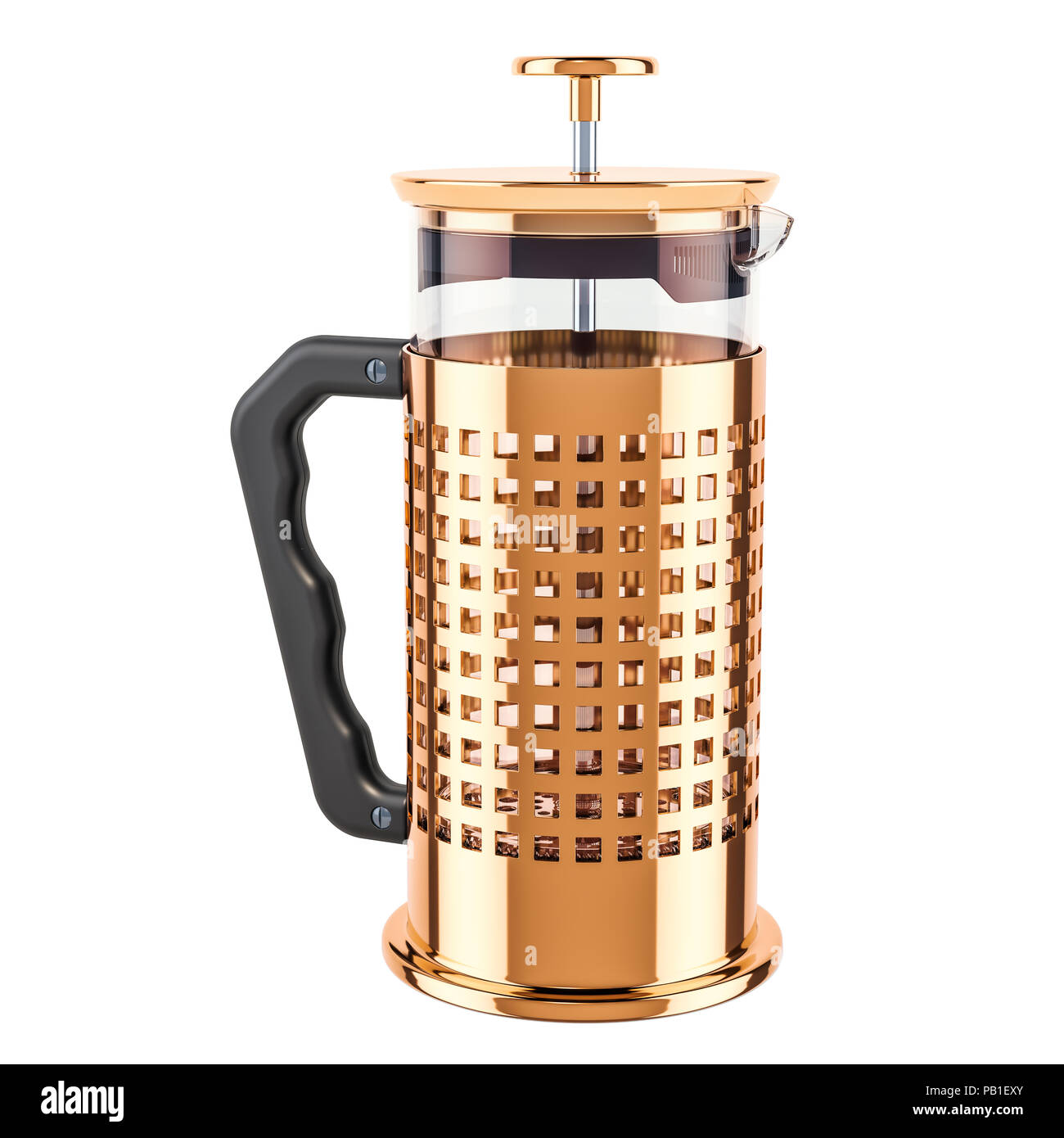 Golden French Press Coffee or Tea Maker, 3D rendering isolated on white background Stock Photo