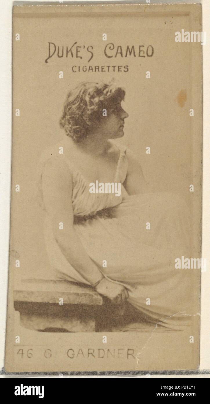Card Number 46, Gertrude Gardner, from the Actors and Actresses series (N145-4) issued by Duke Sons & Co. to promote Cameo Cigarettes. Dimensions: Sheet: 2 11/16 × 1 3/8 in. (6.8 × 3.5 cm). Publisher: Issued by W. Duke, Sons & Co. (New York and Durham, N.C.). Date: 1880s.  Trade cards from the set 'Actors and Actresses' (N145-4), issued in the 1880s by W. Duke Sons & Co. to promote Cameo Cigarettes. There are eight subsets of the N145 series. Various subsets sport different card designs and also promote different tobacco brands represented by W. Duke Sons & Company. This card is from the fourt Stock Photo