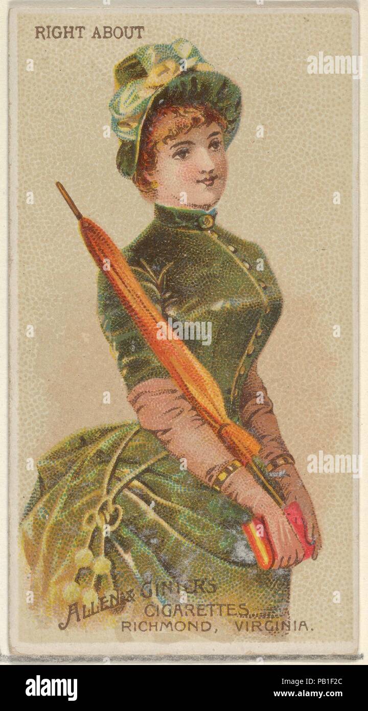 Right About, from the Parasol Drills series (N18) for Allen & Ginter Cigarettes Brands. Dimensions: Sheet: 2 3/4 x 1 1/2 in. (7 x 3.8 cm). Lithographer: Schumacher & Ettlinger (New York). Publisher: Allen & Ginter (American, Richmond, Virginia). Date: 1888.  Trade cards from the 'Parasol Drill' series (N18), issued in 1888 in a set of 50 cards to promote Allen & Ginter brand cigarettes. Museum: Metropolitan Museum of Art, New York, USA. Stock Photo